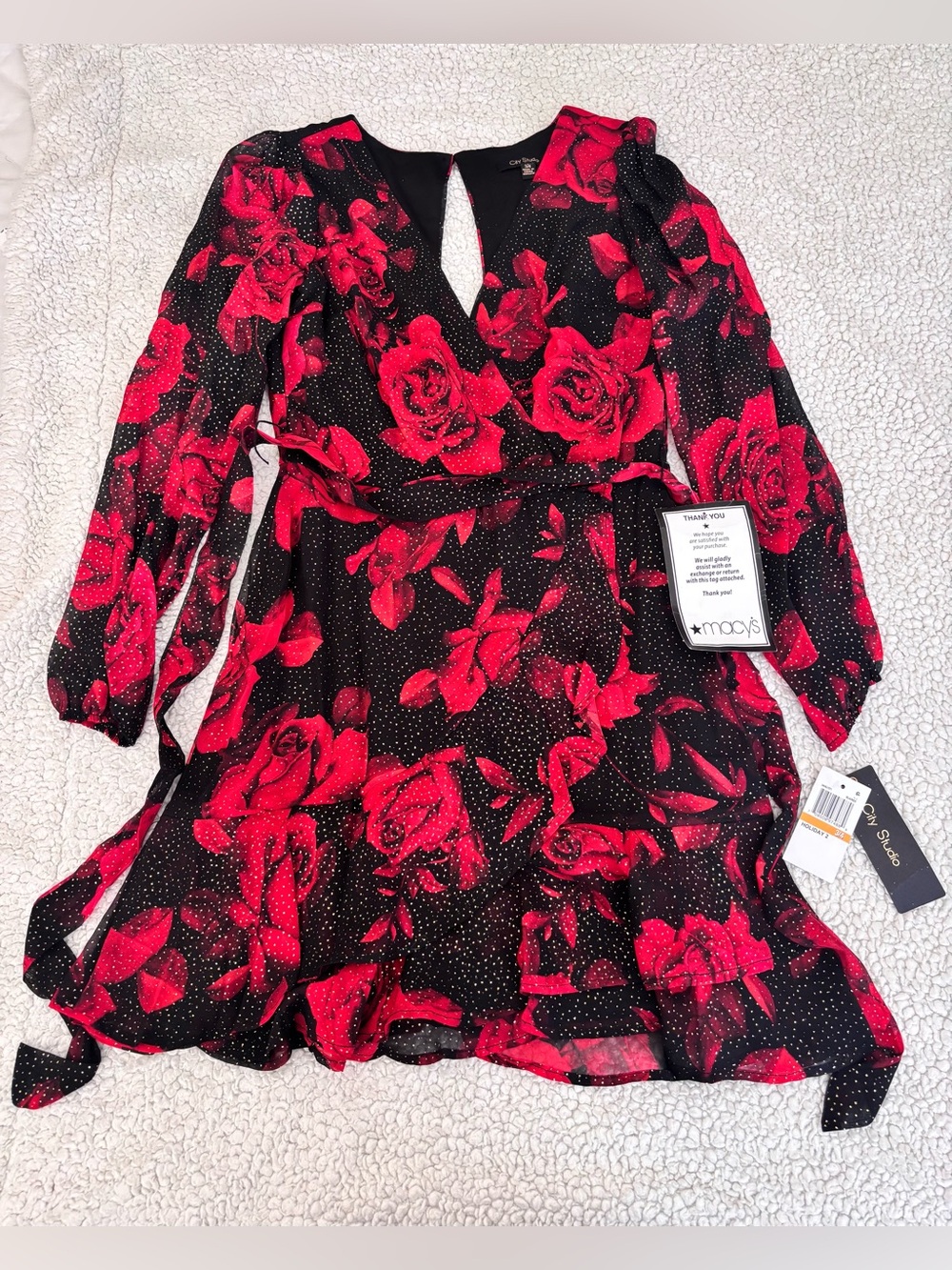 City Studio Black Dress with Red Rose Accent and Gold Flecks